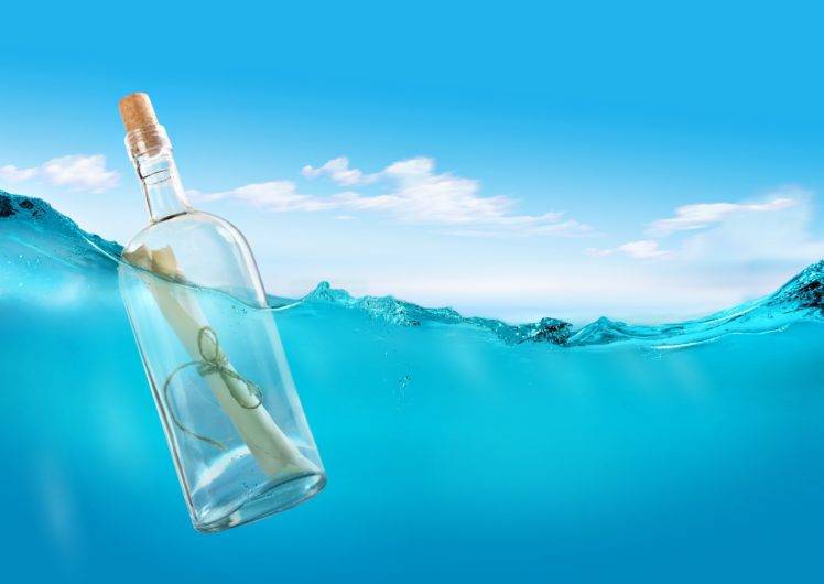 bottles, Cork, Paper, Underwater, Water, Bubbles, Clouds, Split view HD Wallpaper Desktop Background