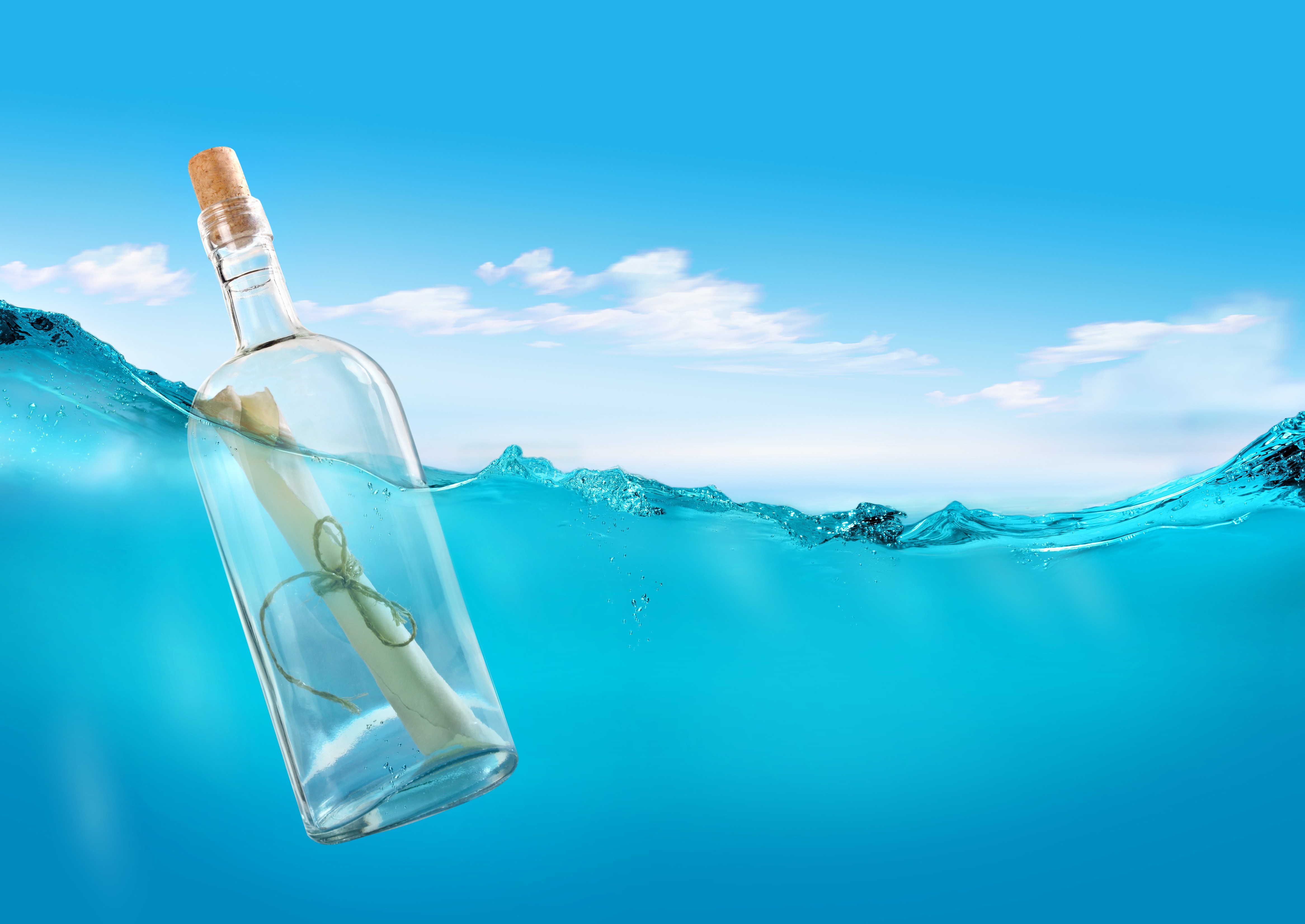 bottles, Cork, Paper, Underwater, Water, Bubbles, Clouds, Split view Wallpaper
