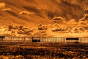 clouds, Bench, Sepia, Orange, Sky, Fence, Worms eye view