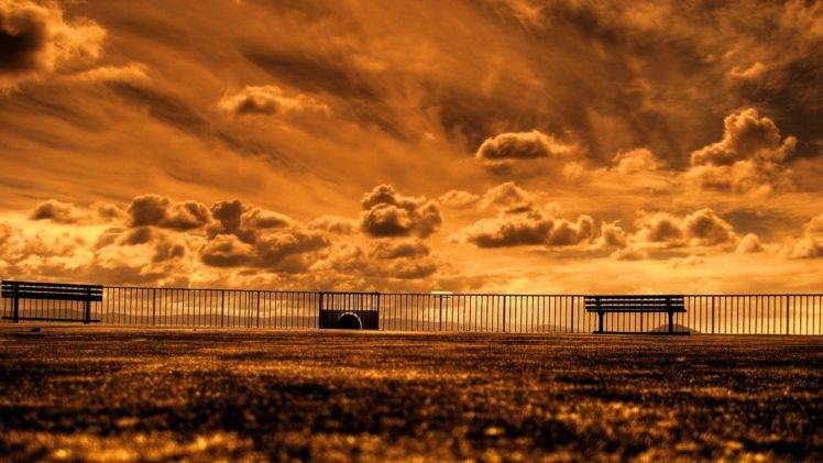 clouds, Bench, Sepia, Orange, Sky, Fence, Worms eye view HD Wallpaper Desktop Background