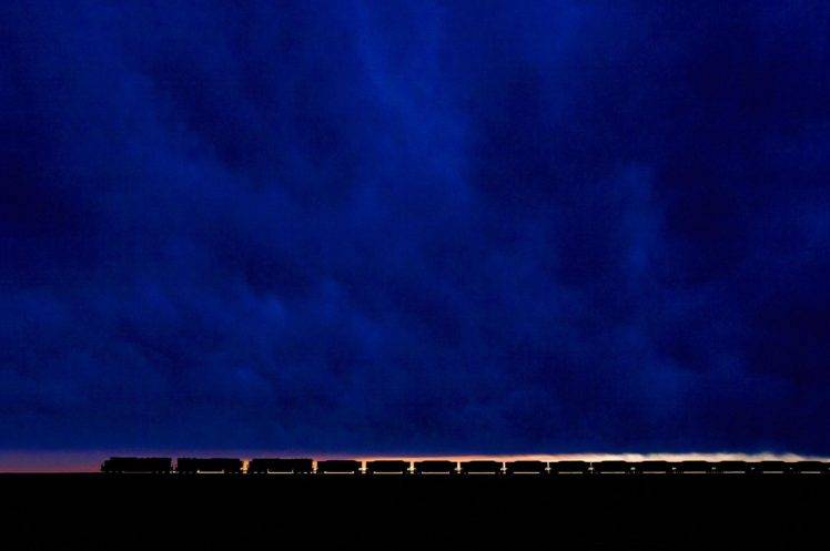 minimalism, Blue background, Clouds, Railway, Train, Silhouette, Sunlight HD Wallpaper Desktop Background
