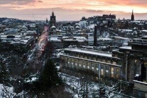 city, Winter, Snow, Building, Architecture, Edinburgh, Scotland, UK, Trees