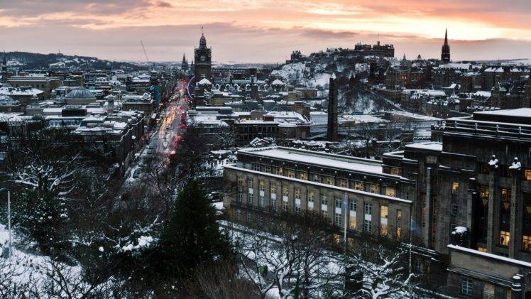 city, Winter, Snow, Building, Architecture, Edinburgh, Scotland, UK, Trees HD Wallpaper Desktop Background