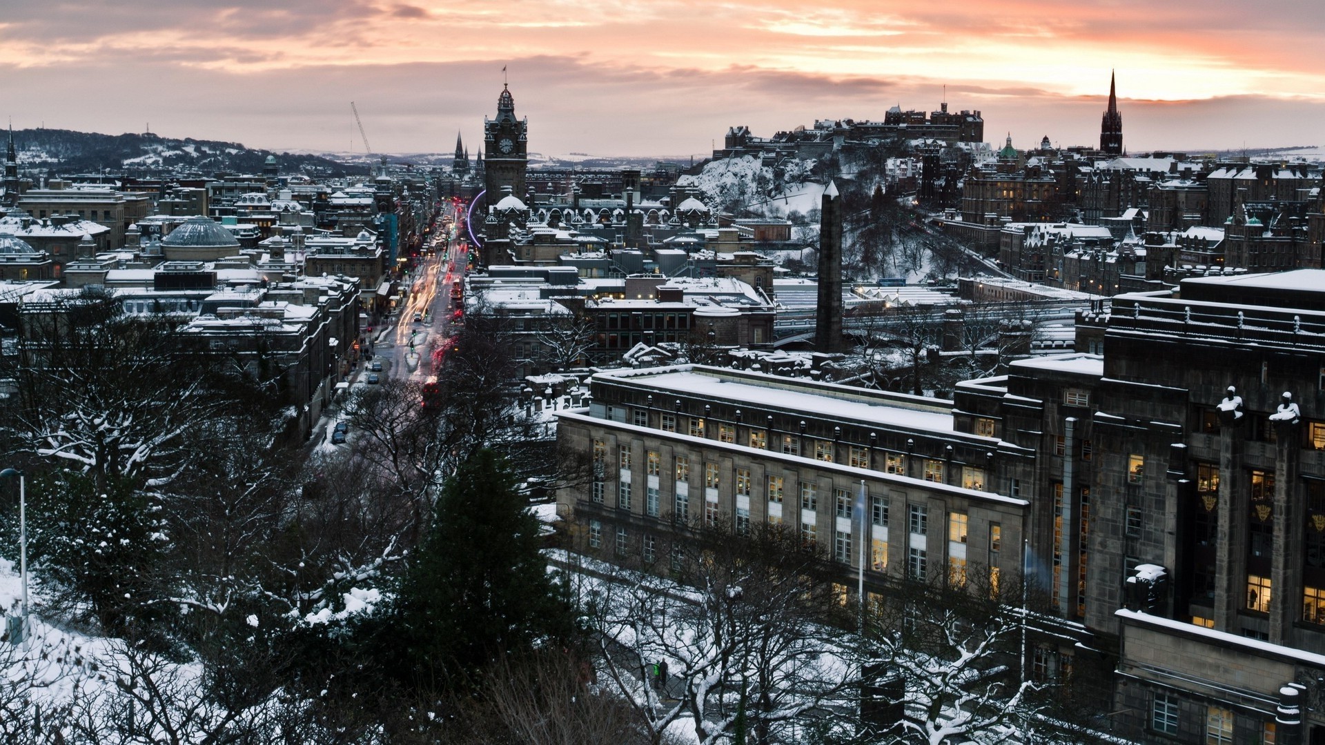 city, Winter, Snow, Building, Architecture, Edinburgh, Scotland, UK, Trees Wallpaper