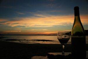 wine, Glass, Bottles, Beach