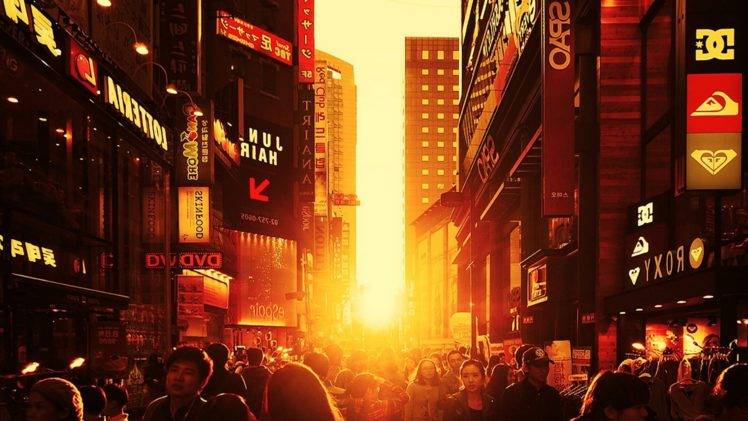 Seoul, Pedestrian, Sunset, City, South Korea, Street, Orange, Sunlight HD Wallpaper Desktop Background