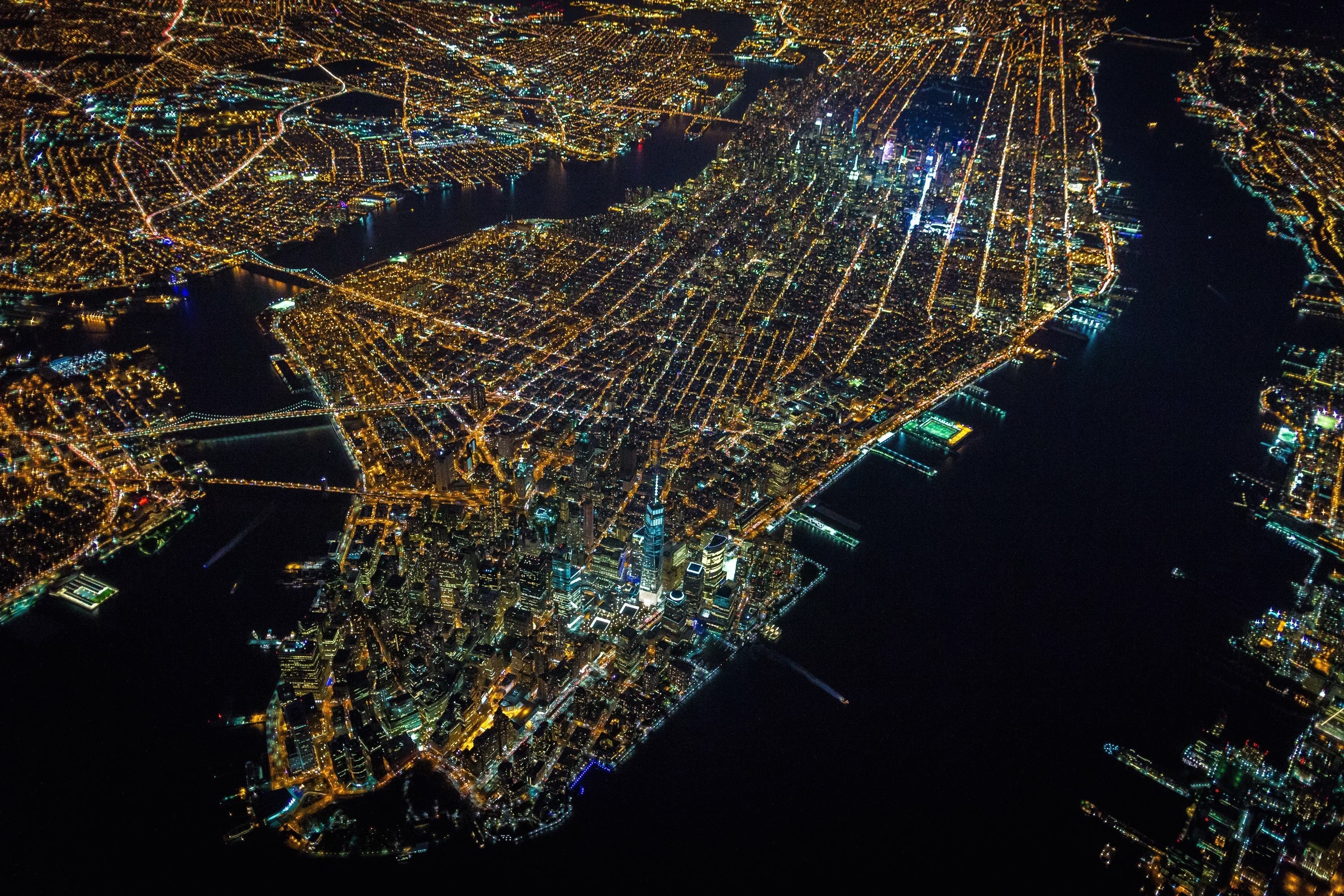 New York City, USA, Night, City, Island, Aerial view Wallpaper