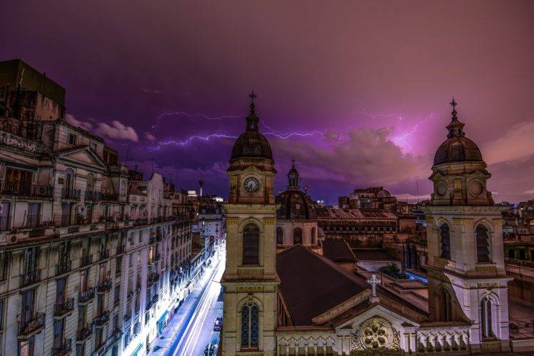 cityscape, Architecture, City, Street, Street light, Church, Old building, Buenos Aires, Argentina, Lightning, Clouds, Long exposure HD Wallpaper Desktop Background