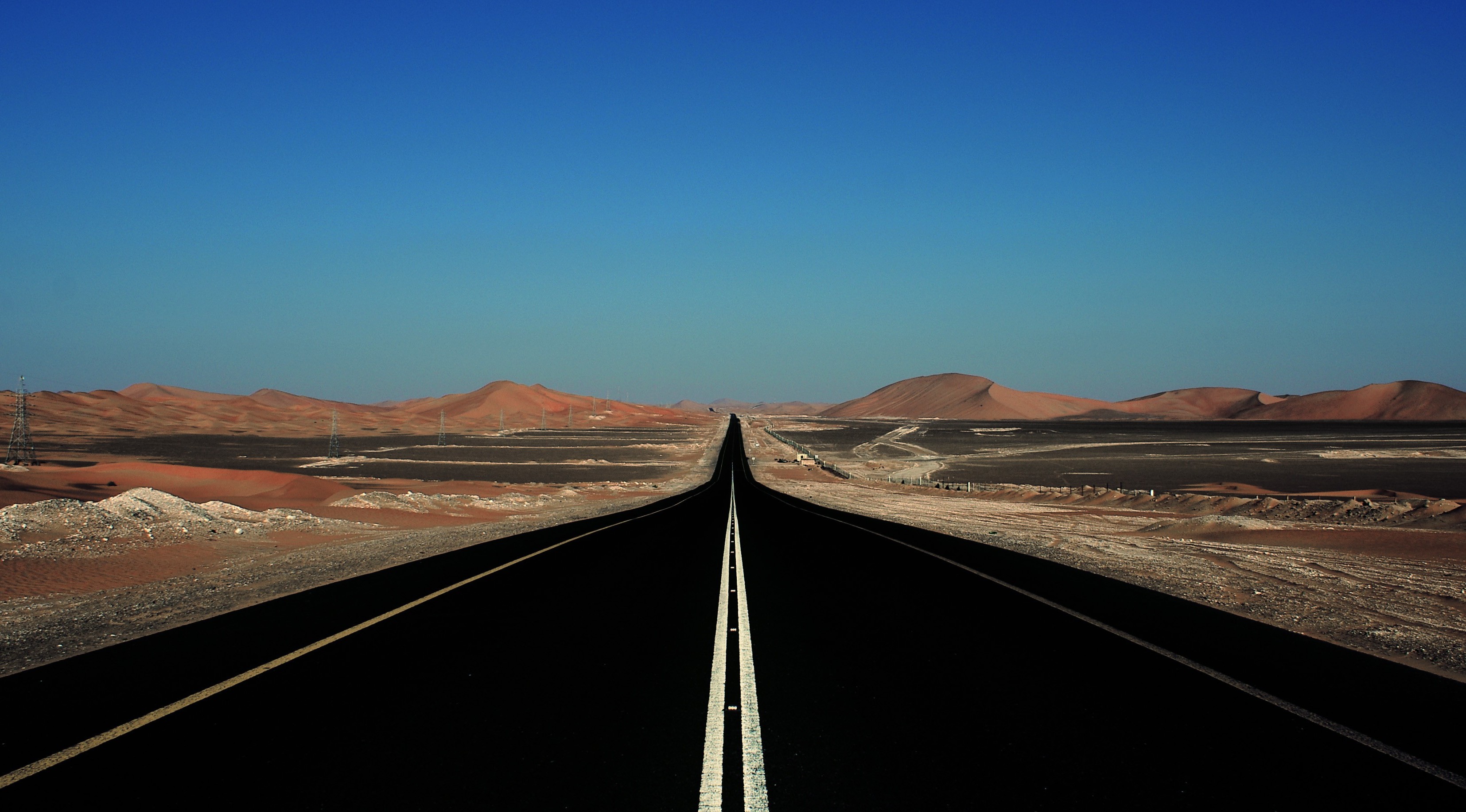 road, Sky, Desert, Utility pole, Minimalism Wallpaper
