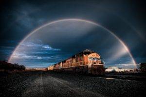 train, Railway, Rainbows, Clouds, Stones