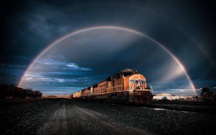 train, Railway, Rainbows, Clouds, Stones HD Wallpaper Desktop Background