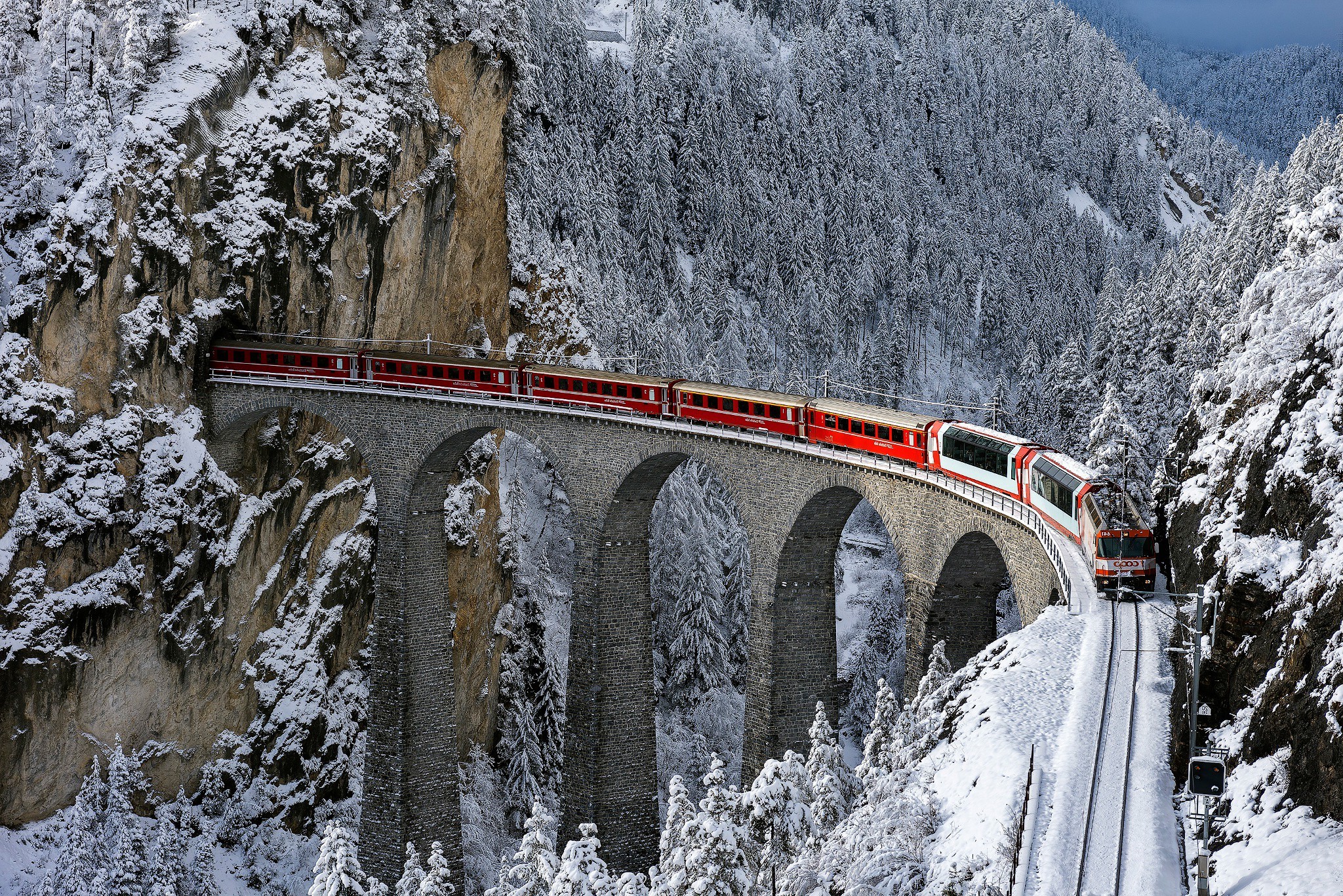 train, Railway, Bridge, Winter, Snow, Trees, Forest, Mountain, Tunnel, Switzerland Wallpaper