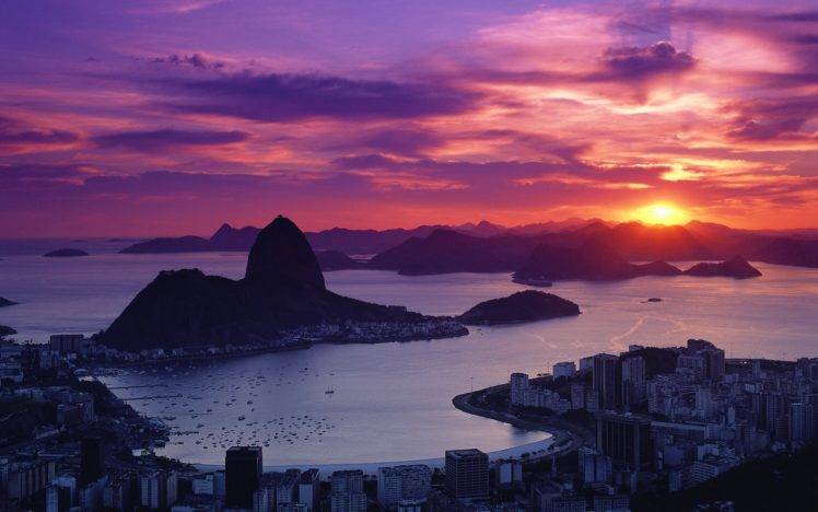 sunset, City, Cityscape, Sky, Hill, Clouds, Sea, Coast, Rio de Janeiro, Brazil HD Wallpaper Desktop Background