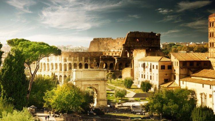 cityscape, Architecture, Rome, Italy, Old building, Trees, Ruin, Clouds, Colosseum HD Wallpaper Desktop Background