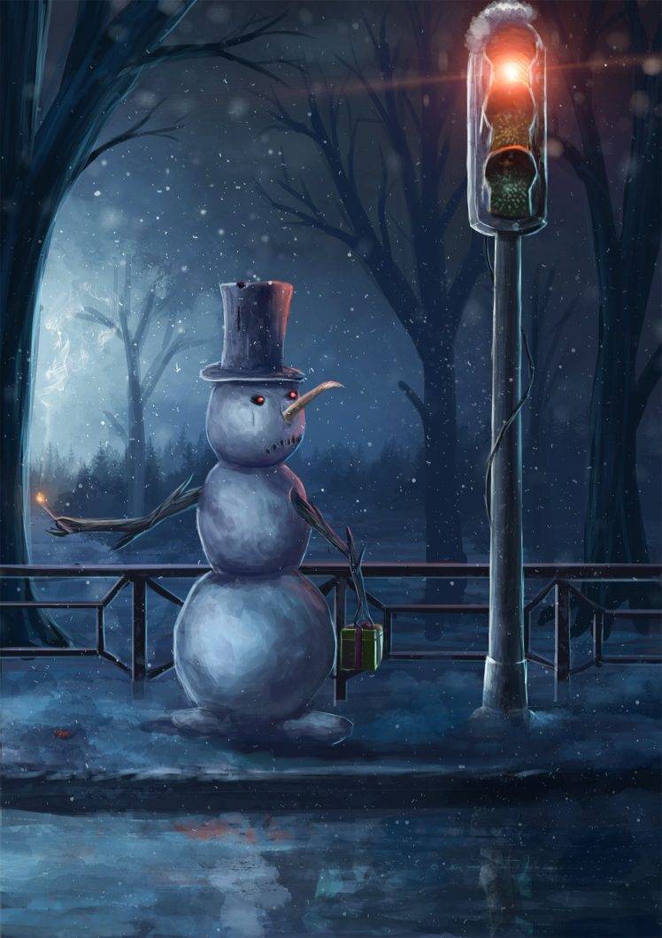 drawing, Snow, Winter, Snowman, Top hats, Branch, Snowflakes, Traffic lights, Trees, Presents, Sad HD Wallpaper Desktop Background