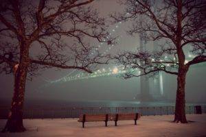 winter, Bridge, Lights, Trees, Snow, Bench, Fence, Night