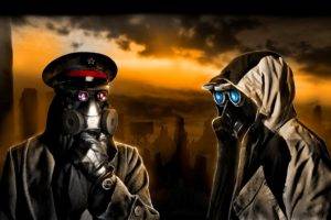 artwork, Apocalyptic, Men, Gas masks, Coats, Glasses, Clouds, Sunlight, Romantically Apocalyptic, Vitaly S Alexius