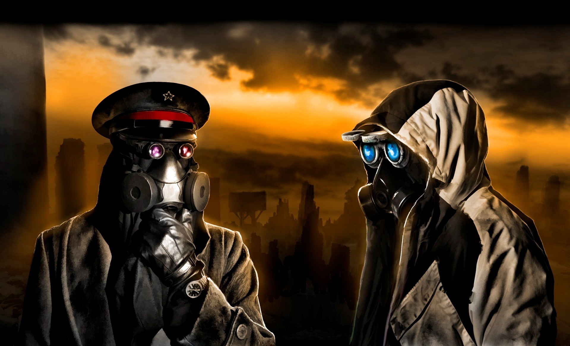 artwork, Apocalyptic, Men, Gas masks, Coats, Glasses, Clouds, Sunlight, Romantically Apocalyptic, Vitaly S Alexius Wallpaper