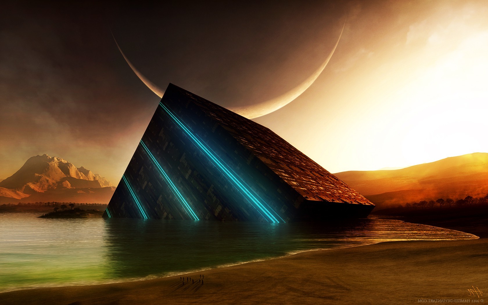 sunset, Abstract, Moon, Science fiction, Digital art, Water, Crescent moon, Cube, Mountains, Glowing Wallpaper