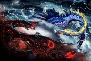 dragon, Feathers, Lightning, Clouds