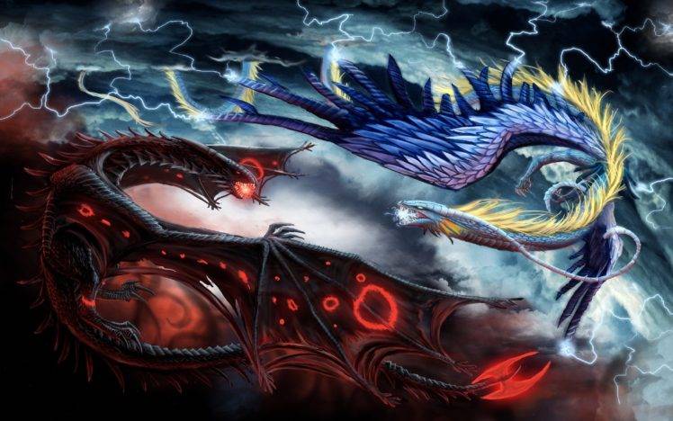 dragon, Feathers, Lightning, Clouds HD Wallpaper Desktop Background