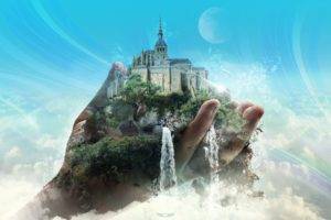 castle, Photo manipulation, Waterfall, Hand, Clouds