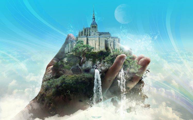 castle, Photo manipulation, Waterfall, Hand, Clouds HD Wallpaper Desktop Background