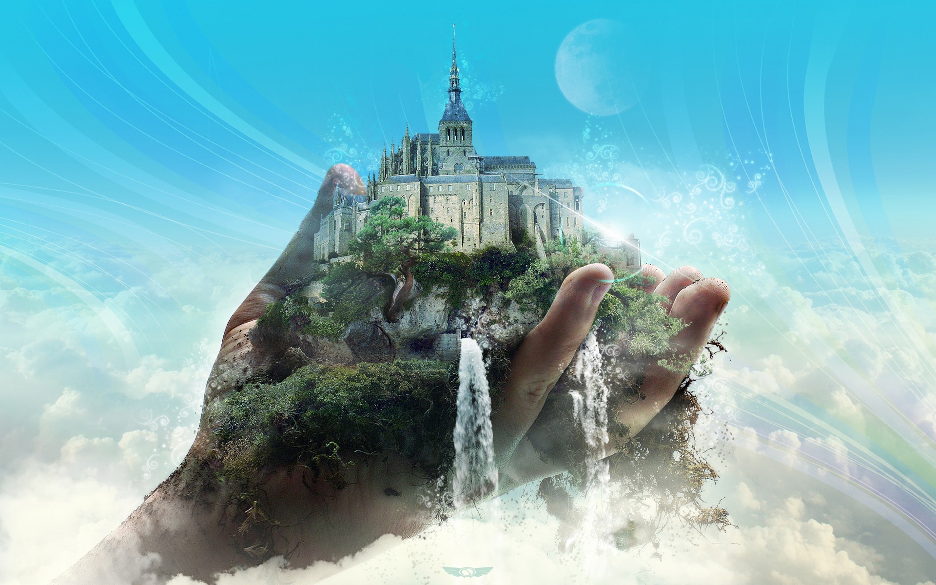castle, Photo manipulation, Waterfall, Hand, Clouds Wallpaper