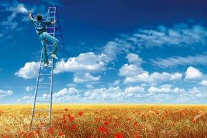 men, Ladders, Landscape, Flowers, Field, Sky, Clouds