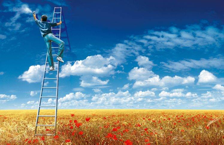 men, Ladders, Landscape, Flowers, Field, Sky, Clouds HD Wallpaper Desktop Background