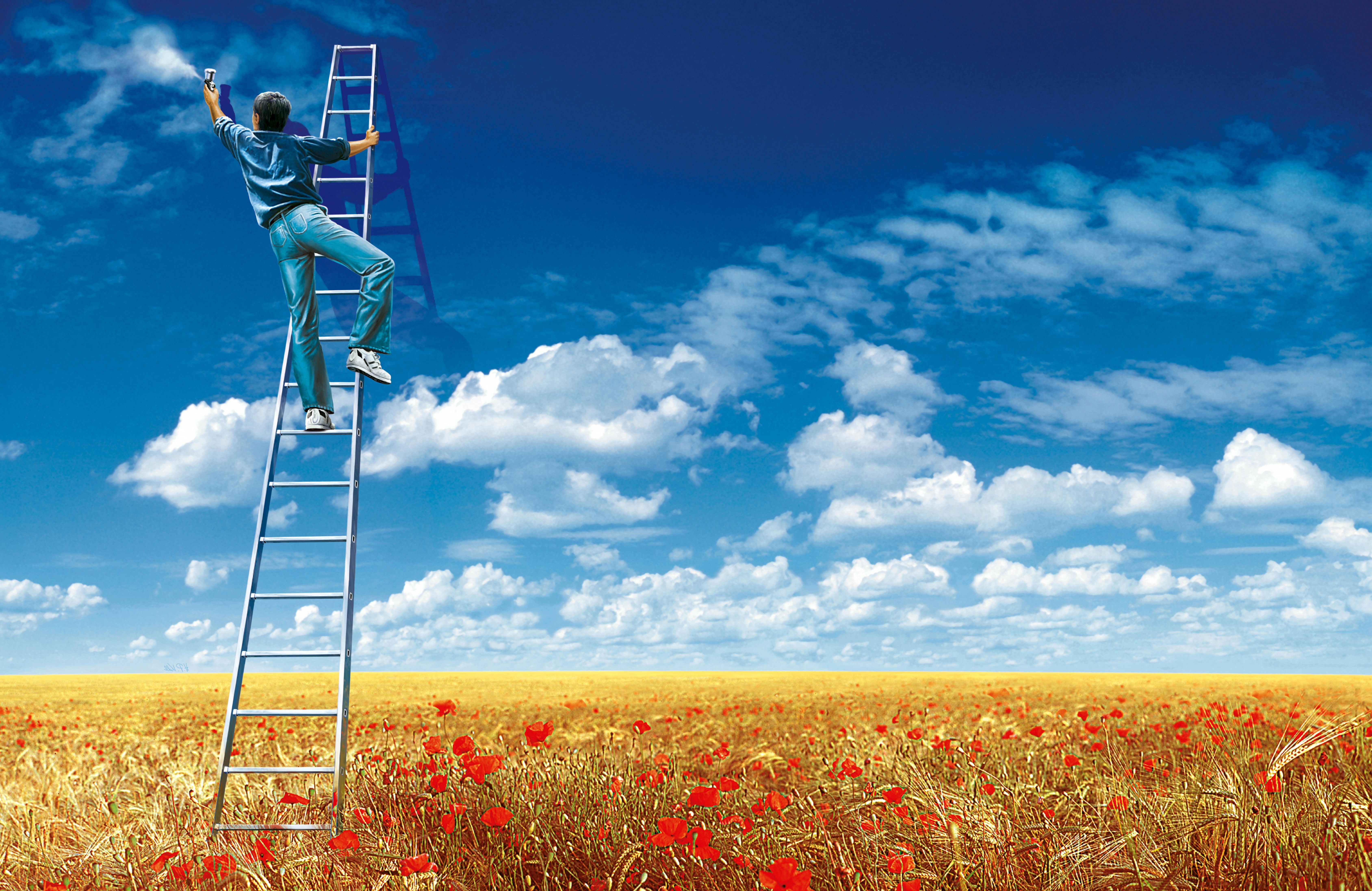 men, Ladders, Landscape, Flowers, Field, Sky, Clouds Wallpaper