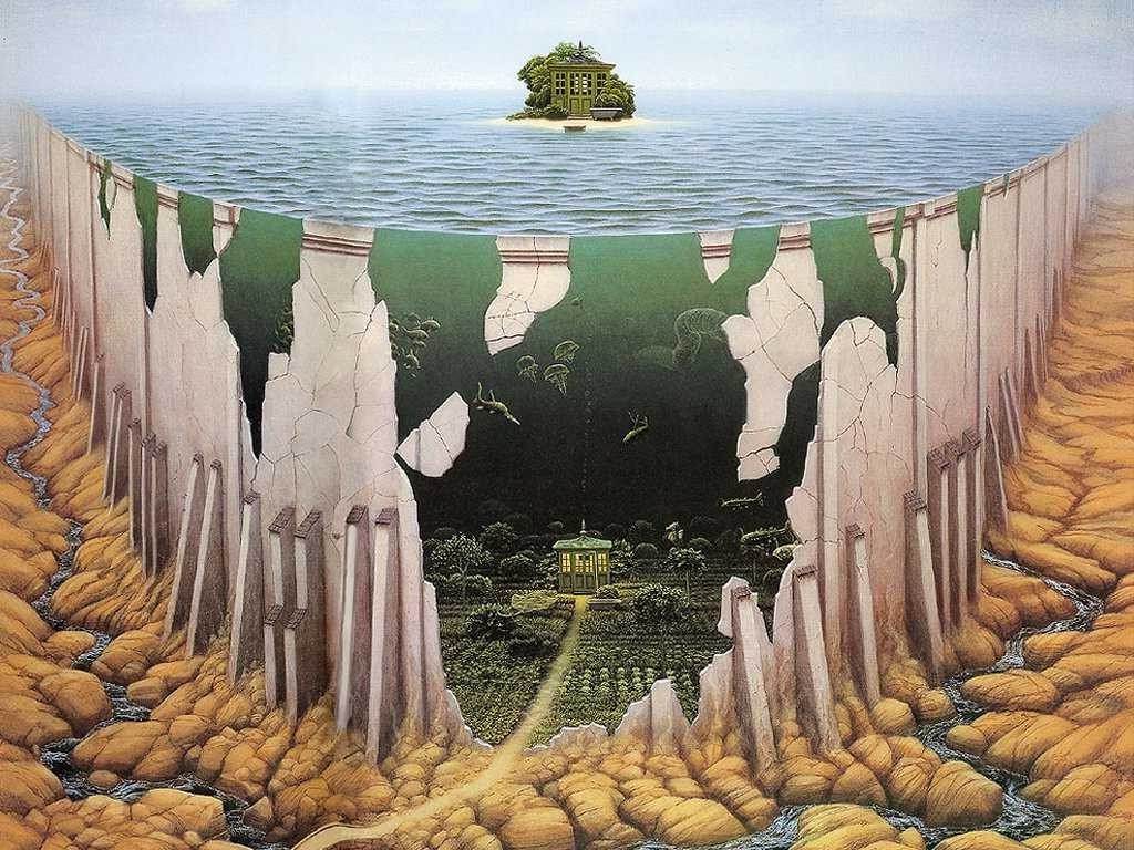 Jacek Yerka, Cliff, Artwork, Sea, Island Wallpaper