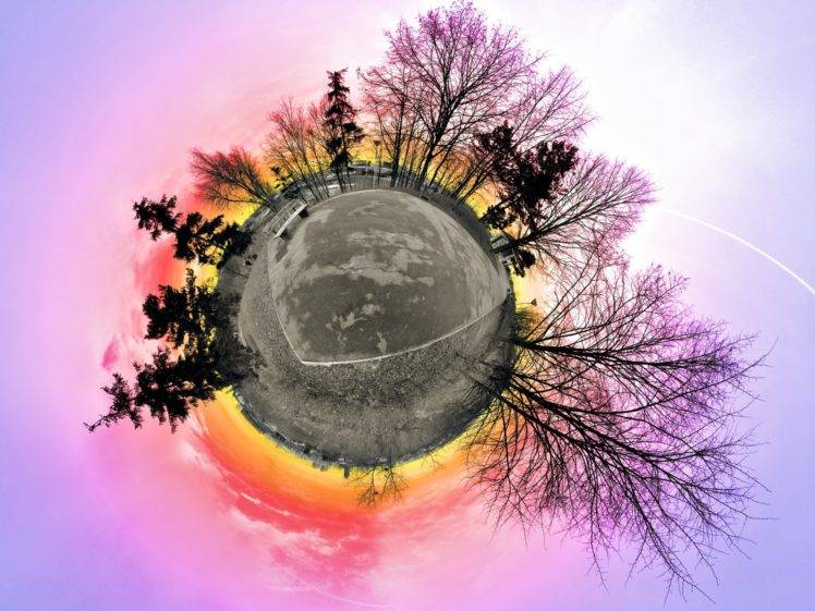 panoramic sphere, Sunset, Trees HD Wallpaper Desktop Background