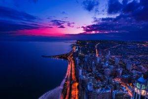 Chicago, Sunset, Coast, Lights, Cityscape