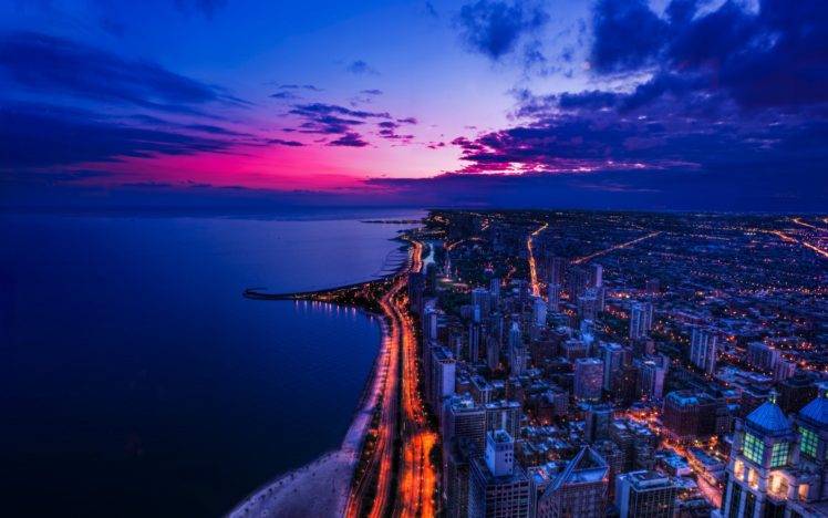Chicago, Sunset, Coast, Lights, Cityscape HD Wallpaper Desktop Background