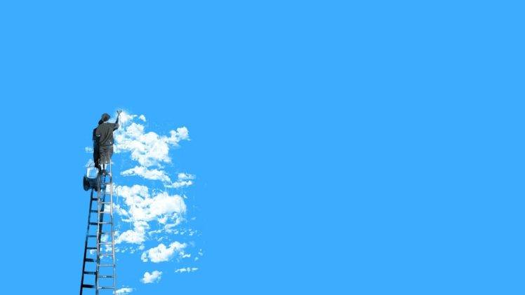 minimalism, Blue background, Graffiti, Clouds, Men, Ladders, Bucket HD Wallpaper Desktop Background