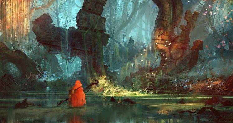 forest clearing, Vines, Reflection, Red, Sunlight, Geoffrey Ernault HD Wallpaper Desktop Background