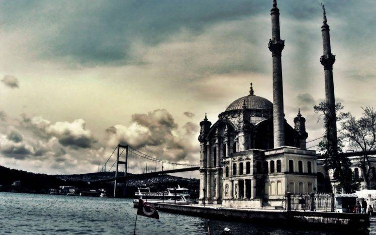 Turkey, HDR, Clouds, Sky, Mosques, Architecture, Building, Bridge, Old building, Water, Ortaköy Mosque HD Wallpaper Desktop Background