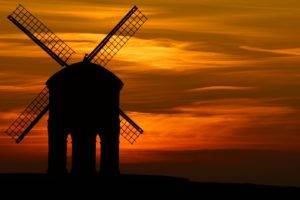orange background, Sunset, Silhouette, Windmills