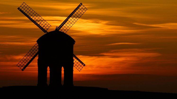 orange background, Sunset, Silhouette, Windmills HD Wallpaper Desktop Background