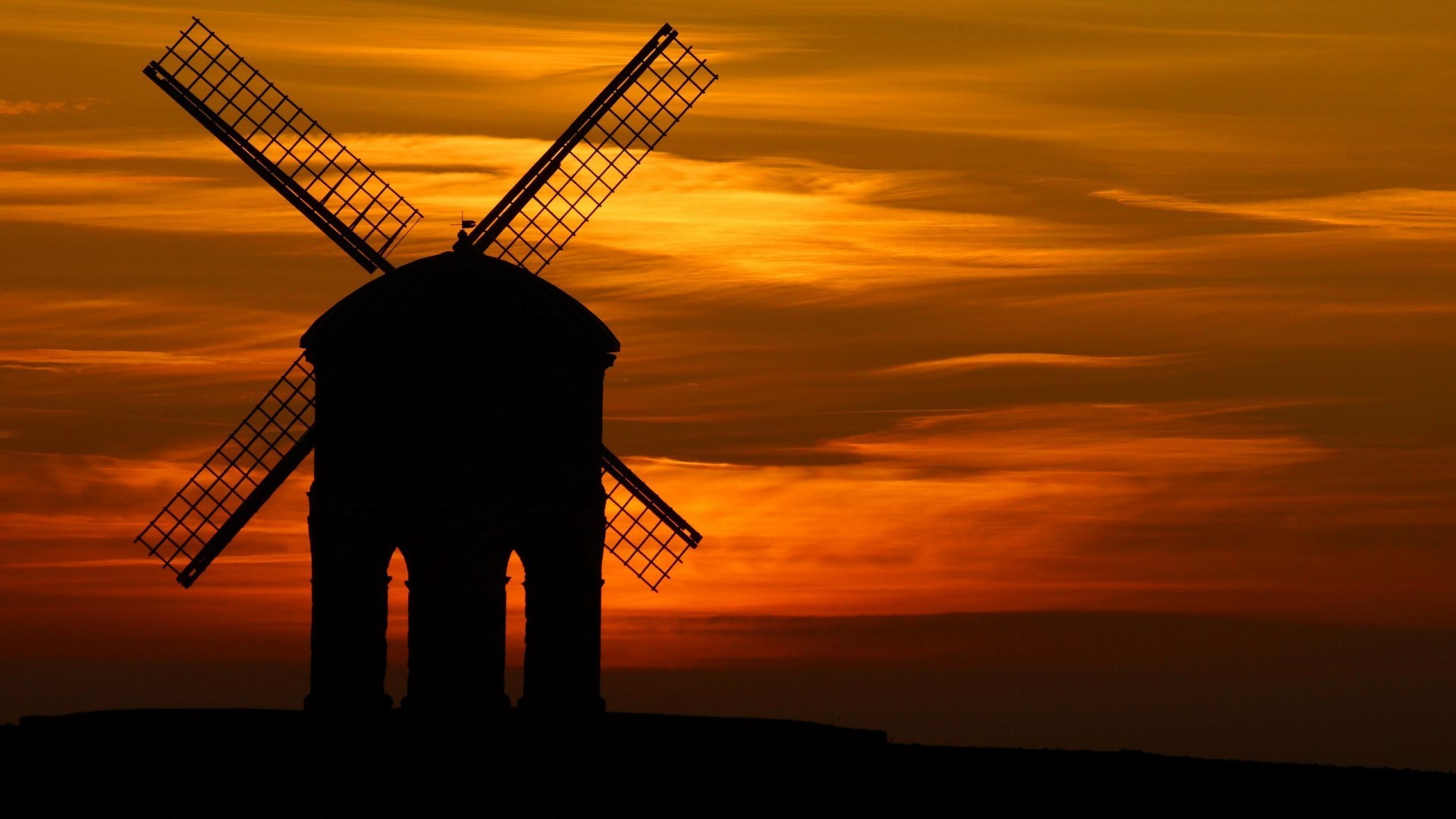 orange background, Sunset, Silhouette, Windmills Wallpaper