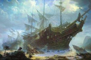 sea, Old ship, Shipwreck