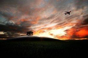 airplane, Sunset, Clouds, Passenger aircraft