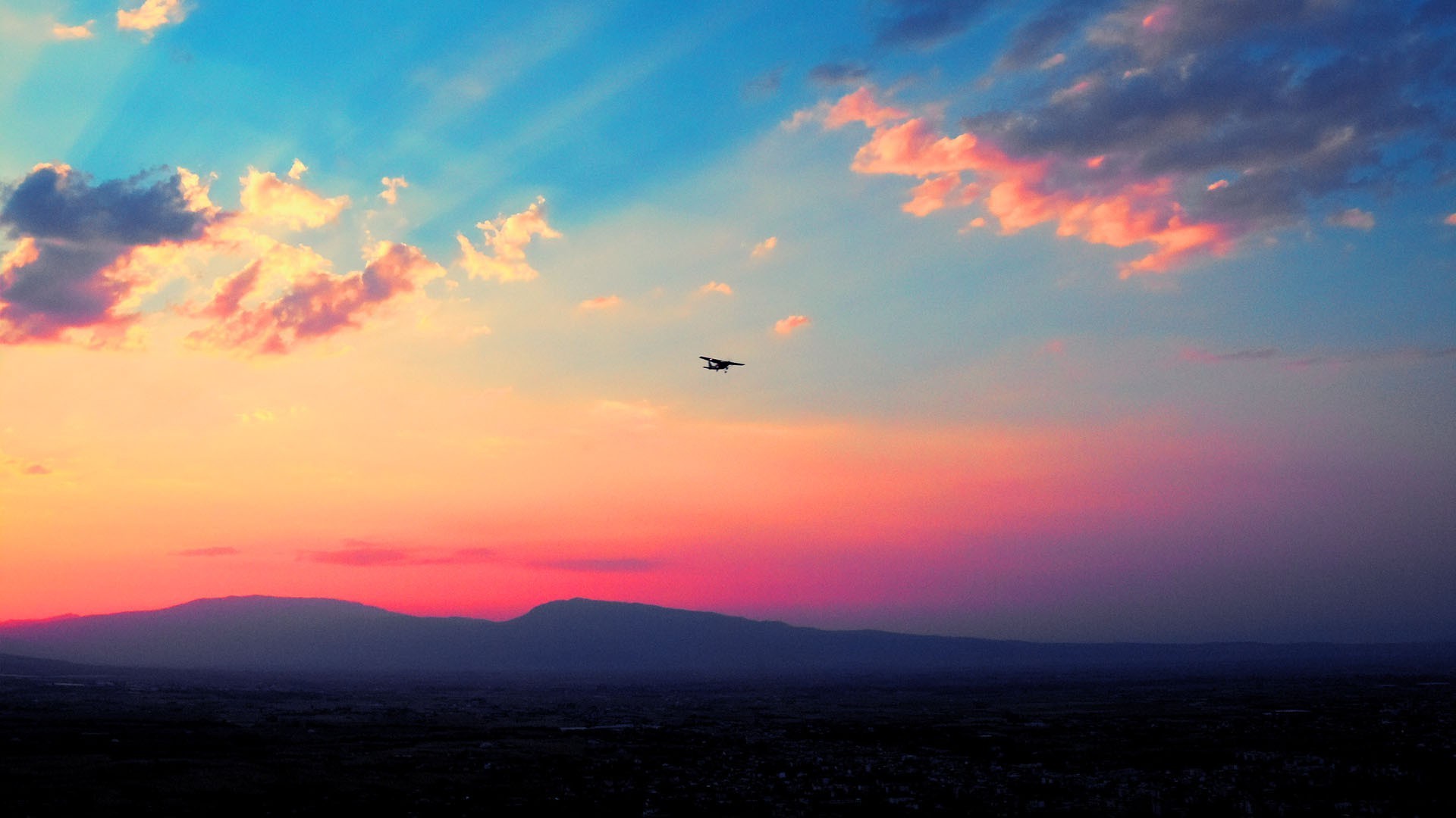 airplane, Clouds, Sunset, Mountain Wallpaper