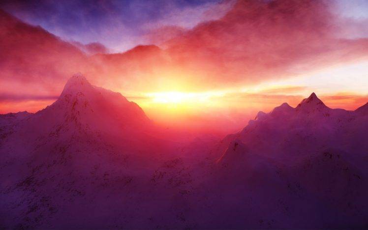 sunset, Mountain, Snowy peak, Snow HD Wallpaper Desktop Background