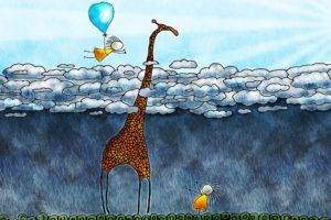 Vladstudio, Artwork, Anime, Clouds, Balloon, Giraffes, Rain