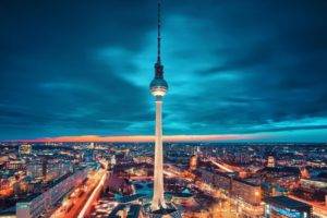 cityscape, Lights, Tower, Berlin, Clouds, Night, Germany