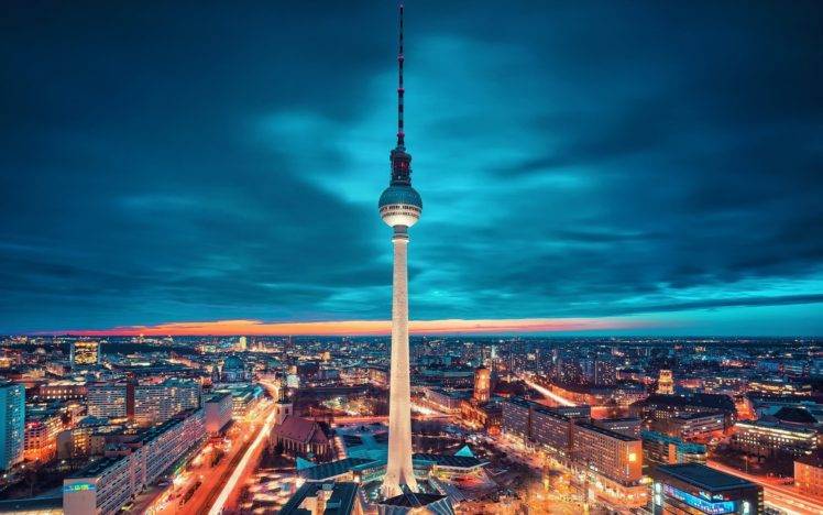 cityscape, Lights, Tower, Berlin, Clouds, Night, Germany HD Wallpaper Desktop Background