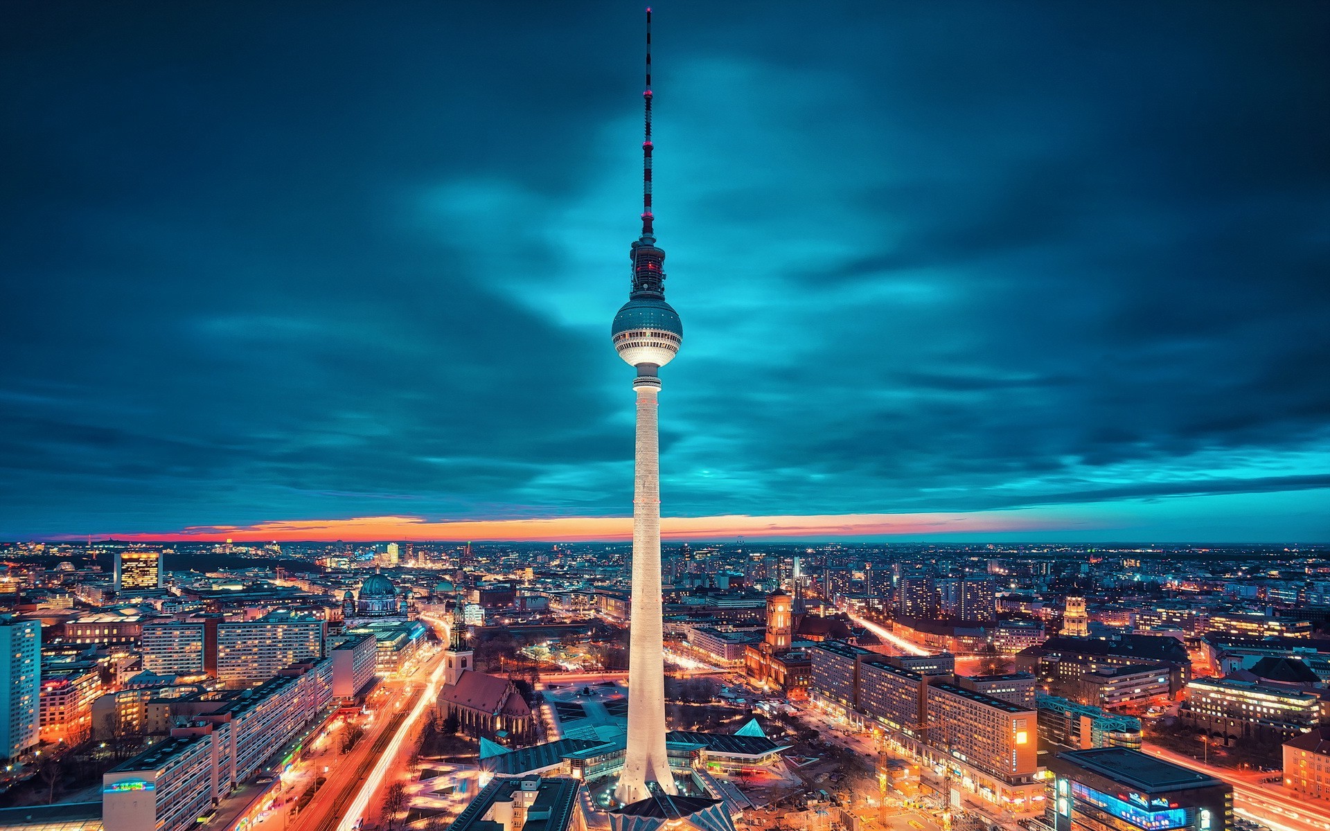 cityscape, Lights, Tower, Berlin, Clouds, Night, Germany Wallpaper