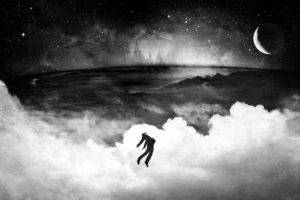 Alex Cherry, Grunge, Artwork, Moon, Monochrome, Clouds, Crescent moon